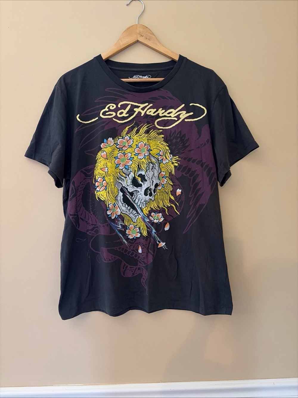 Ed Hardy Mens L Graphic T-Shirt Skull Floral Mohawk Tattoo Art Charcoal Tee